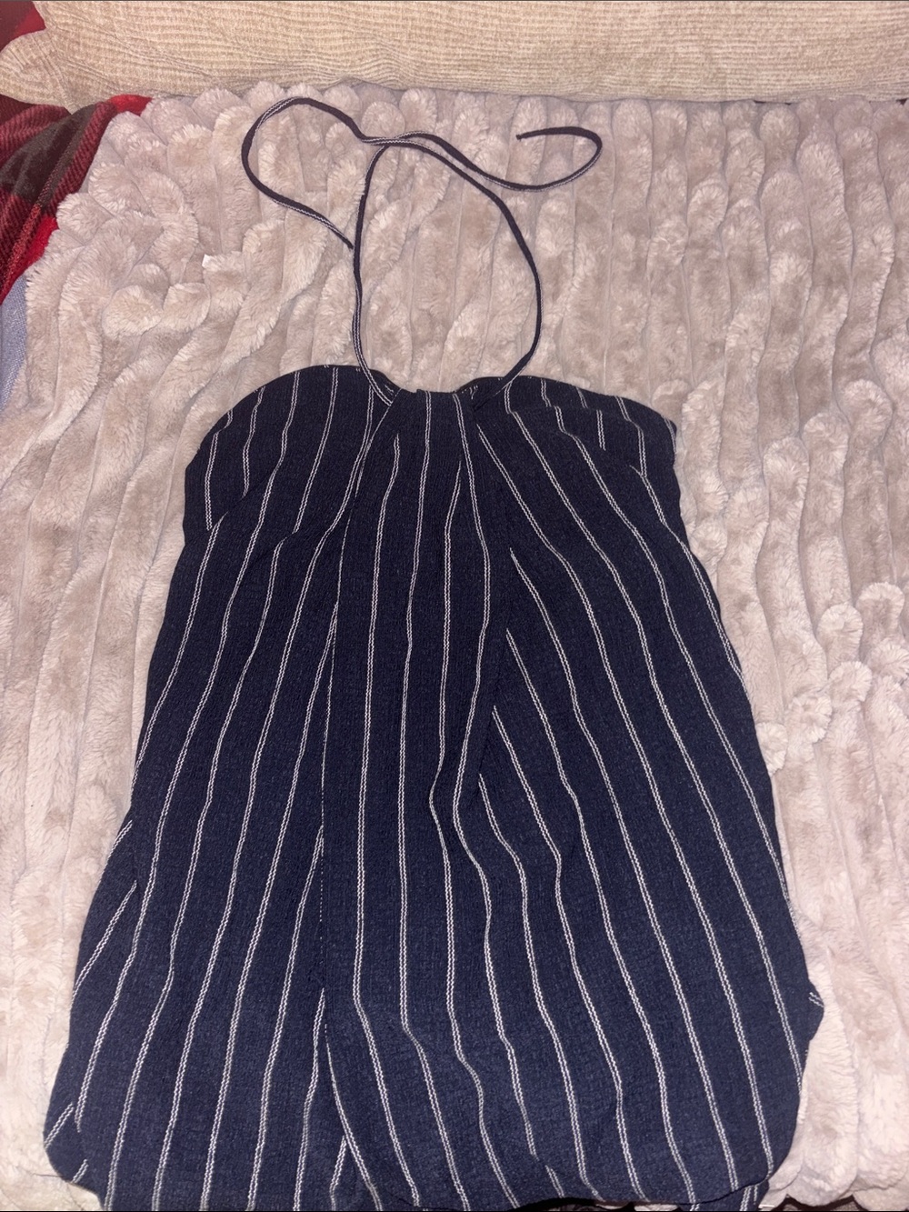 HALARA Navy Striped Halter dress with White Pinstripes built in bra
